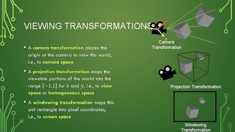 y z VIEWING TRANSFORMATIONS x • Camera Transformation Projection Transformation Windowing Transformation 