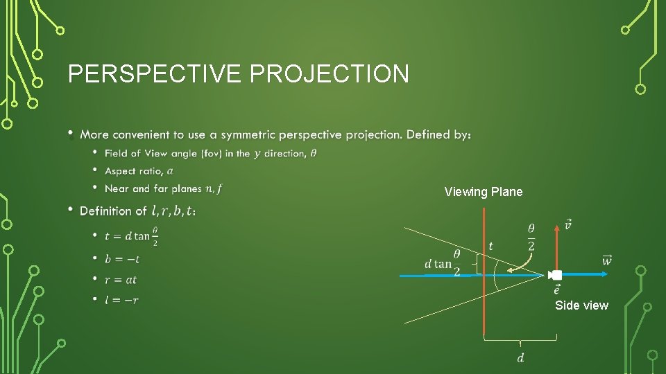 PERSPECTIVE PROJECTION • Viewing Plane Side view 