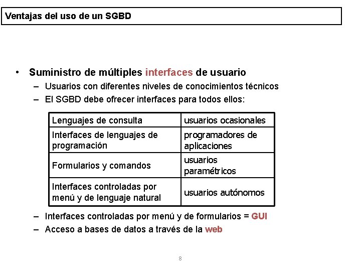 Ventajas del uso de un SGBD • Suministro de múltiples interfaces de usuario –