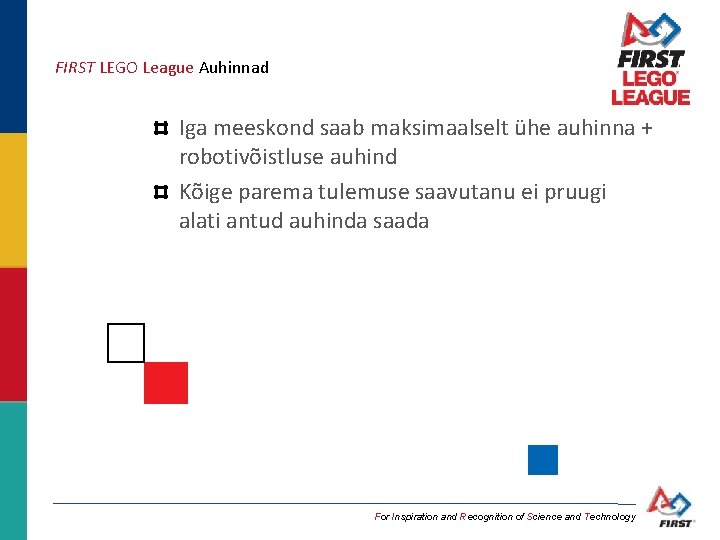 FIRST LEGO League Auhinnad Iga meeskond saab maksimaalselt ühe auhinna + robotivõistluse auhind Kõige