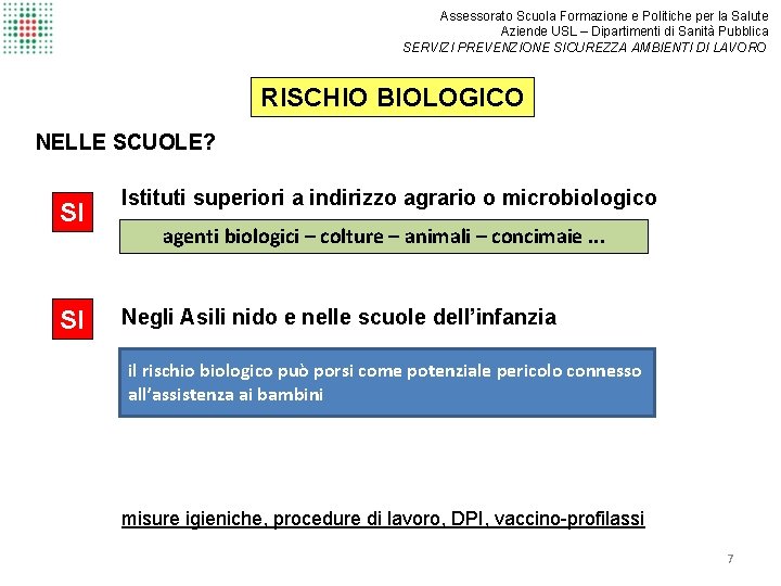 Assessorato Scuola Formazione e Politiche per la Salute Aziende USL – Dipartimenti di Sanità