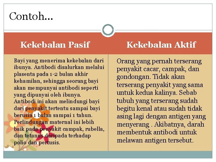 Contoh… Kekebalan Pasif Bayi yang menerima kekebalan dari ibunya. Antibodi disalurkan melalui plasenta pada