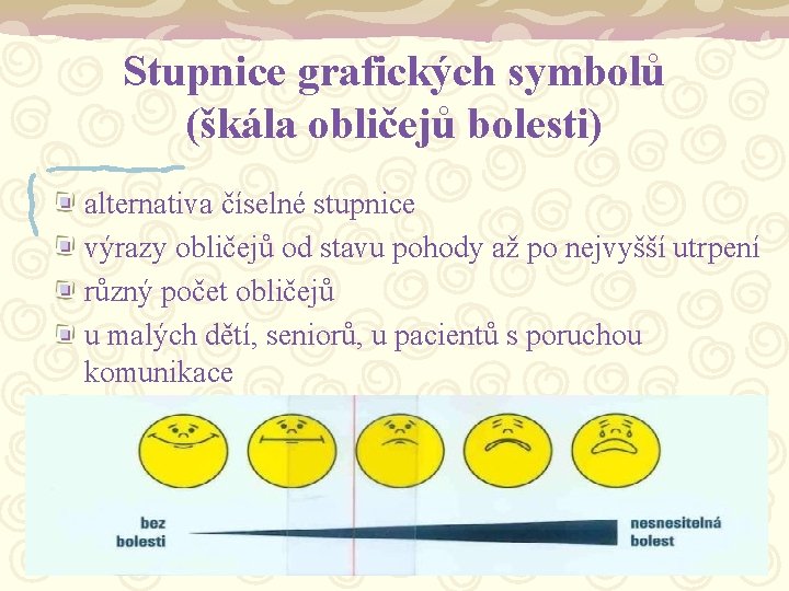 Stupnice grafických symbolů (škála obličejů bolesti) alternativa číselné stupnice výrazy obličejů od stavu pohody