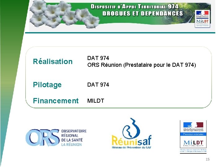 Réalisation DAT 974 ORS Réunion (Prestataire pour le DAT 974) Pilotage DAT 974 Financement