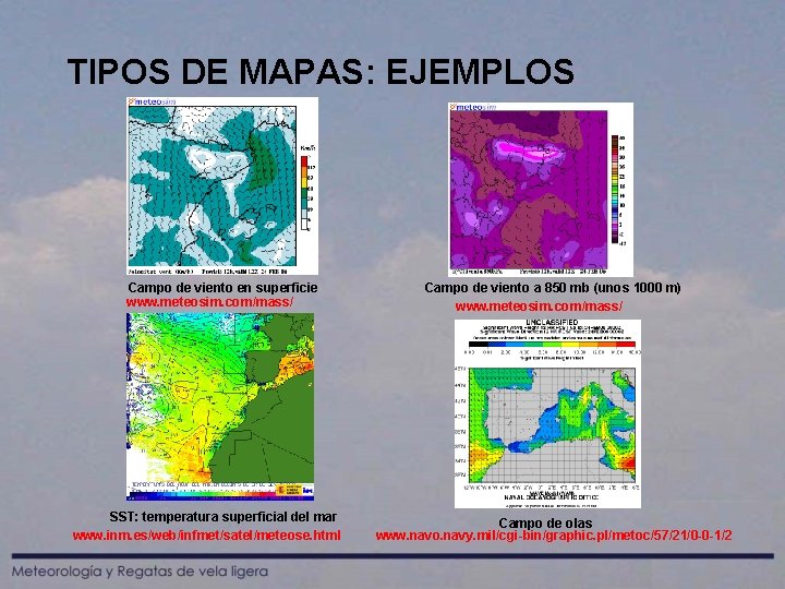 TIPOS DE MAPAS: EJEMPLOS Campo de viento en superficie www. meteosim. com/mass/ SST: temperatura