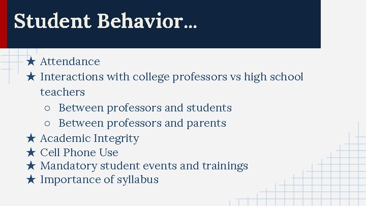 Student Behavior. . . ★ Attendance ★ Interactions with college professors vs high school