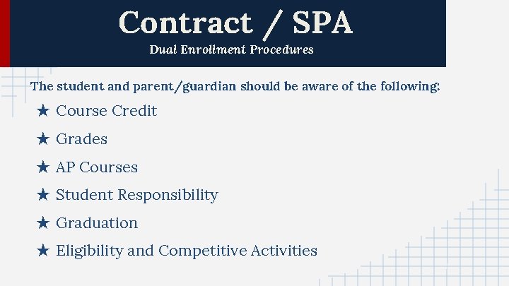Contract / SPA Dual Enrollment Procedures The student and parent/guardian should be aware of