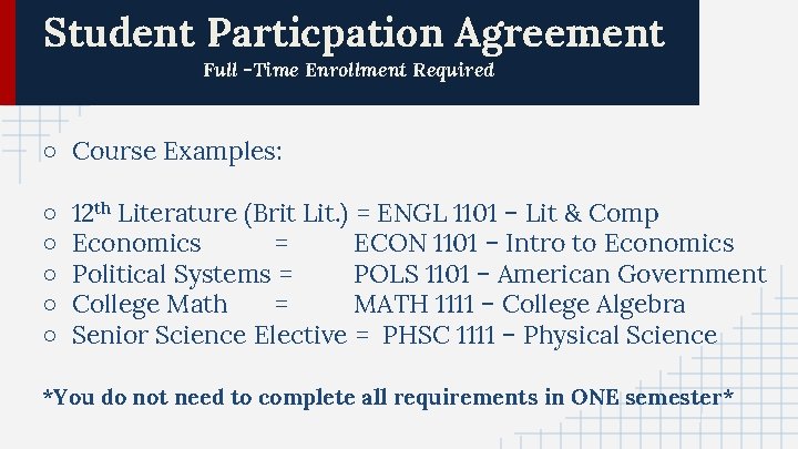 Student Particpation Agreement Full -Time Enrollment Required ○ Course Examples: ○ ○ ○ 12