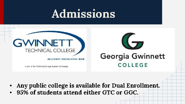 Admissions • Any public college is available for Dual Enrollment. • 95% of students