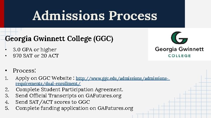Admissions Process Georgia Gwinnett College (GGC) • • 3. 0 GPA or higher 970