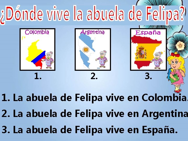 1. 2. 3. 1. La abuela de Felipa vive en Colombia. 2. La abuela