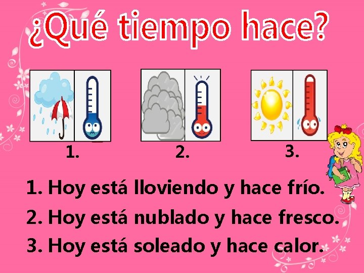 1. 2. 3. 1. Hoy está lloviendo y hace frío. 2. Hoy está nublado