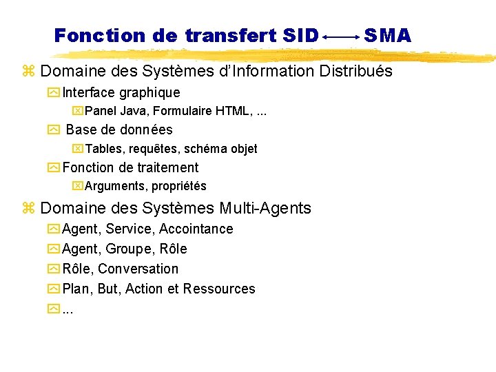 Fonction de transfert SID SMA z Domaine des Systèmes d’Information Distribués y Interface graphique