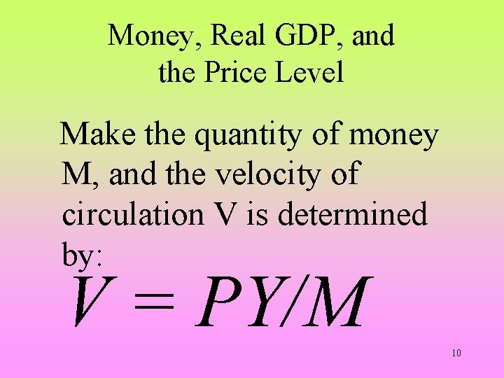 Money, Real GDP, and the Price Level Make the quantity of money M, and