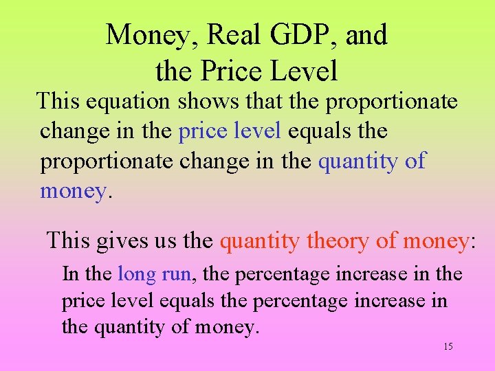 Money, Real GDP, and the Price Level This equation shows that the proportionate change