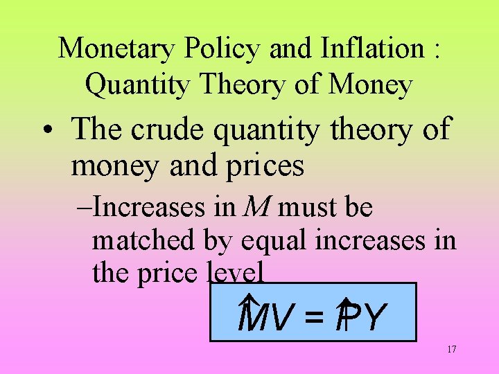 Monetary Policy and Inflation : Quantity Theory of Money • The crude quantity theory