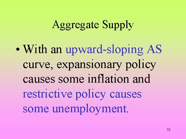 Aggregate Supply • With an upward-sloping AS curve, expansionary policy causes some inflation and