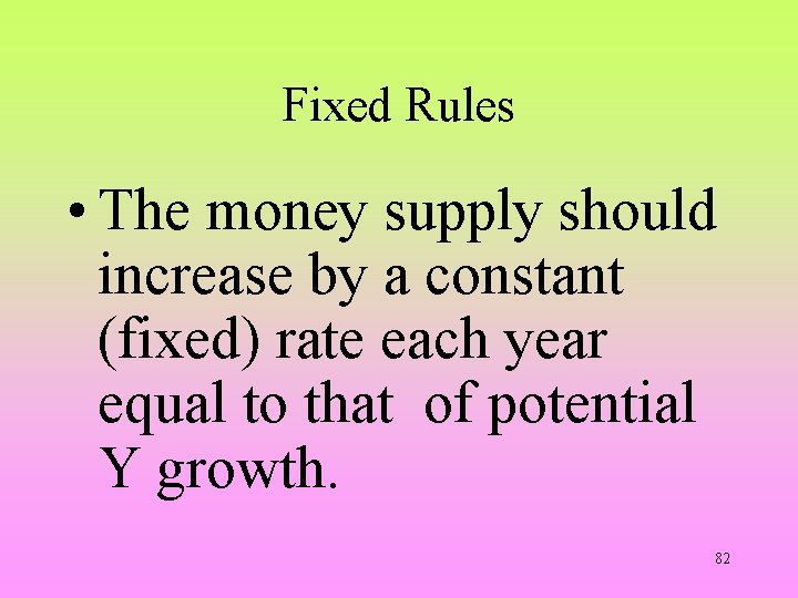 Fixed Rules • The money supply should increase by a constant (fixed) rate each