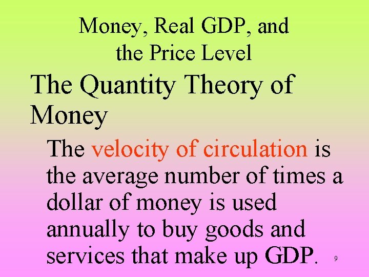 Money, Real GDP, and the Price Level The Quantity Theory of Money The velocity