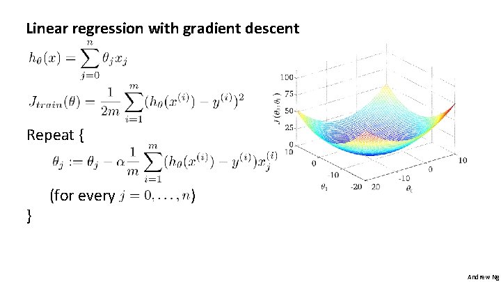 Linear regression with gradient descent Repeat { } (for every ) Andrew Ng 