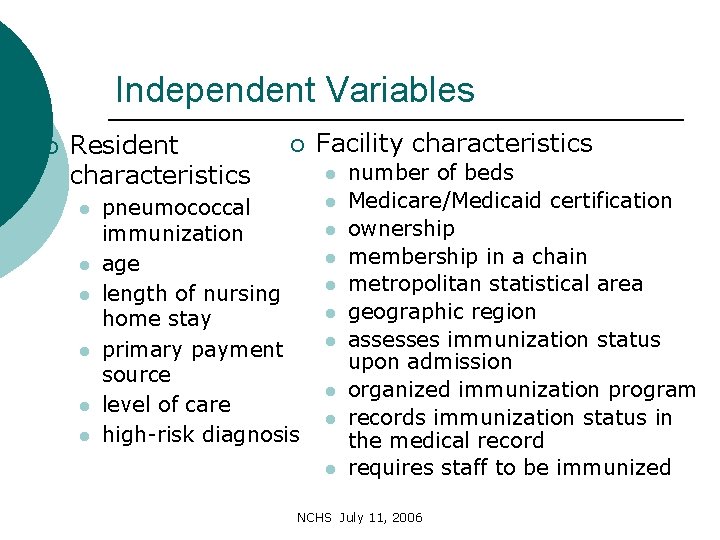 Independent Variables ¡ Resident characteristics l l l ¡ Facility characteristics l pneumococcal immunization