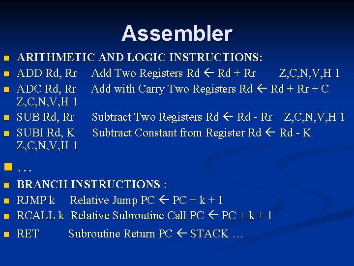 Assembler n n n ARITHMETIC AND LOGIC INSTRUCTIONS: ADD Rd, Rr Add Two Registers