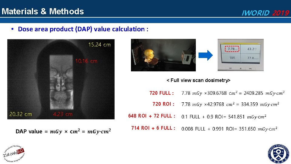 Materials & Methods IWORID 2019 • Dose area product (DAP) value calculation : 15.