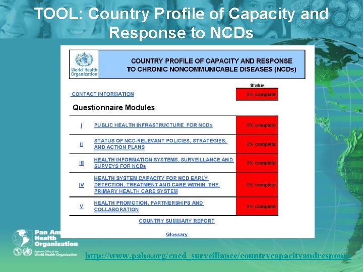 TOOL: Country Profile of Capacity and Response to NCDs http: //www. paho. org/cncd_surveillance/countrycapacityandresponse 