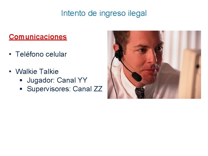 Intento de ingreso ilegal Comunicaciones • Teléfono celular • Walkie Talkie § Jugador: Canal