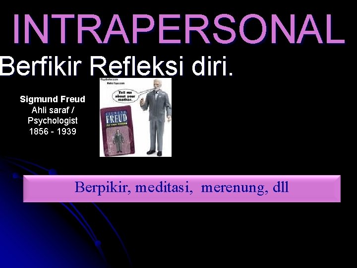 INTRAPERSONAL Berfikir Refleksi diri. Sigmund Freud Ahli saraf / Psychologist 1856 - 1939 Berpikir, INTRAPERSONAL Berfikir Refleksi diri. Sigmund Freud Ahli saraf / Psychologist 1856 - 1939 Berpikir,
