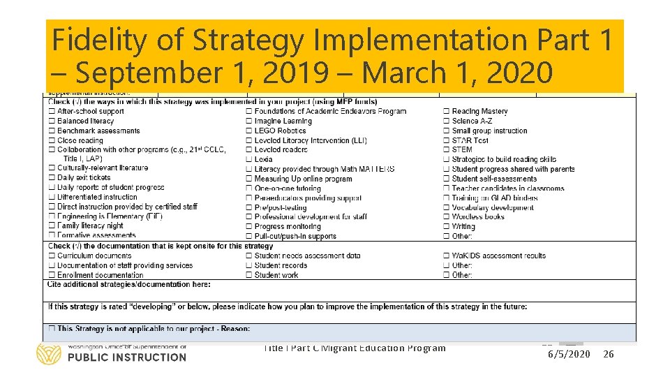 Fidelity of Strategy Implementation Part 1 – September 1, 2019 – March 1, 2020