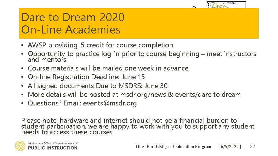 Dare to Dream 2020 On-Line Academies • AWSP providing. 5 credit for course completion