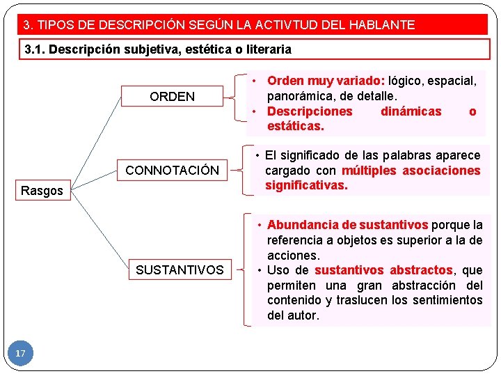 3. TIPOS DE DESCRIPCIÓN SEGÚN LA ACTIVTUD DEL HABLANTE 3. 1. Descripción subjetiva, estética