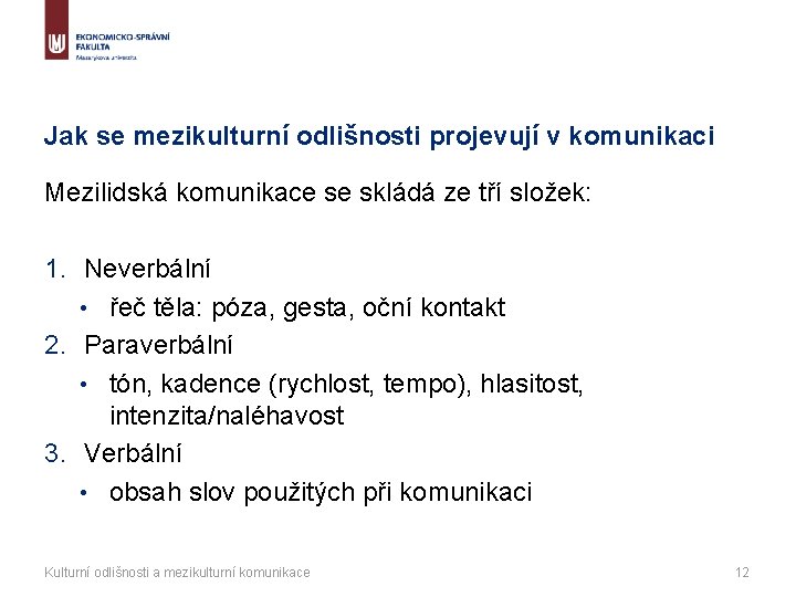 Jak se mezikulturní odlišnosti projevují v komunikaci Mezilidská komunikace se skládá ze tří složek: