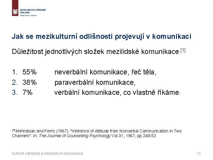 Jak se mezikulturní odlišnosti projevují v komunikaci Důležitost jednotlivých složek mezilidské komunikace [1] 1.