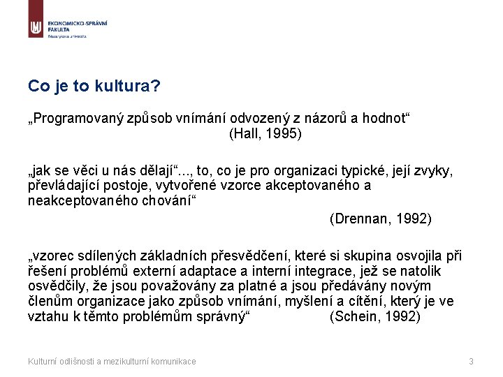 Co je to kultura? „Programovaný způsob vnímání odvozený z názorů a hodnot“ (Hall, 1995)