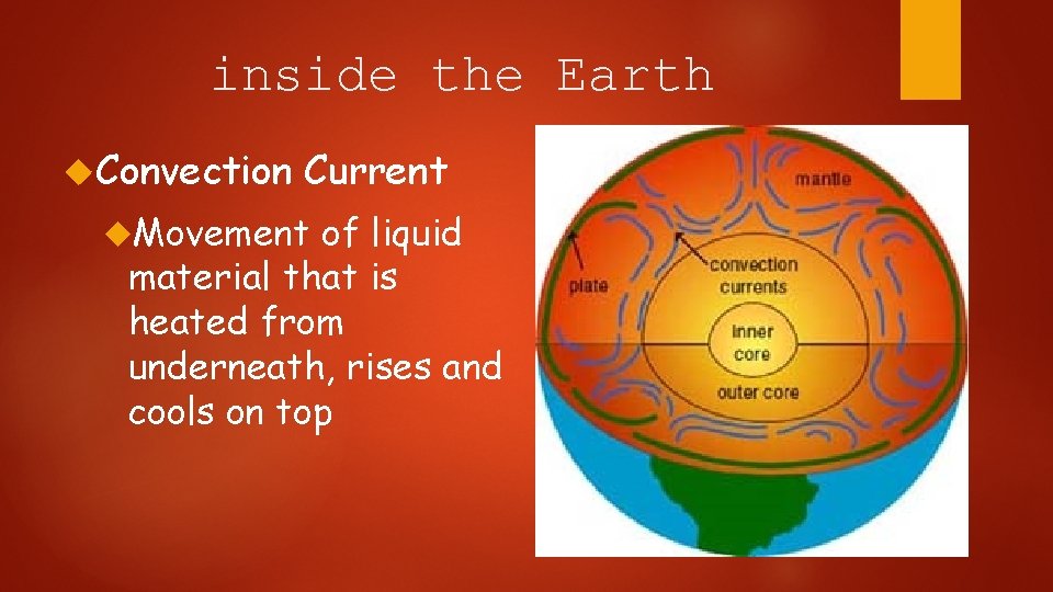 inside the Earth Convection Current Movement of liquid material that is heated from underneath,