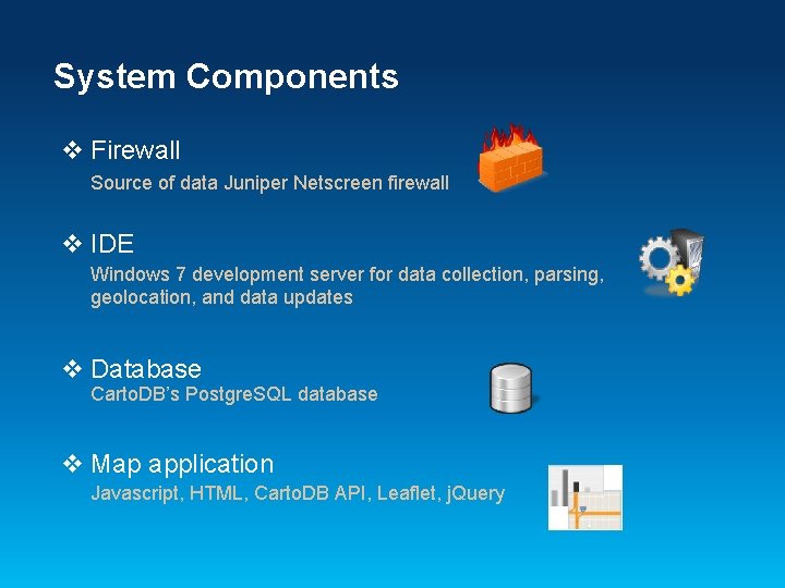 System Components v Firewall Source of data Juniper Netscreen firewall v IDE Windows 7