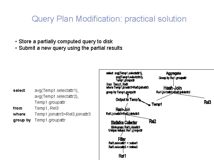 Query Plan Modification: practical solution • Store a partially computed query to disk •