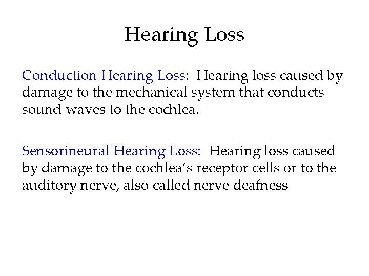 Hearing Loss Conduction Hearing Loss: Hearing loss caused by damage to the mechanical system