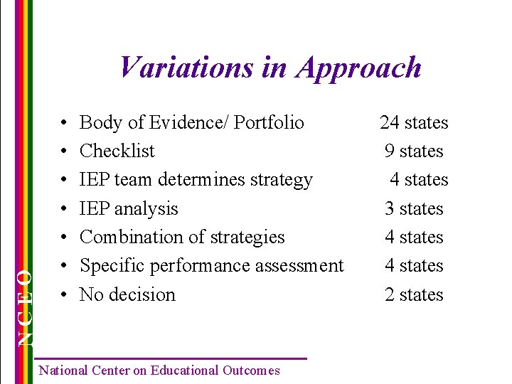 NCEO Variations in Approach • • Body of Evidence/ Portfolio Checklist IEP team determines