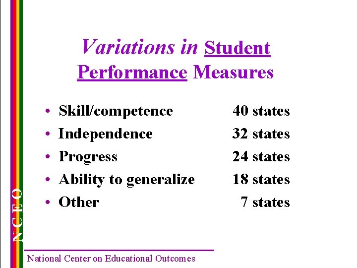Variations in Student NCEO Performance Measures • • • Skill/competence Independence Progress Ability to