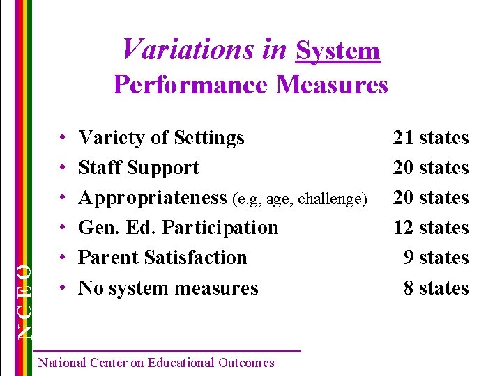 Variations in System NCEO Performance Measures • • • Variety of Settings Staff Support