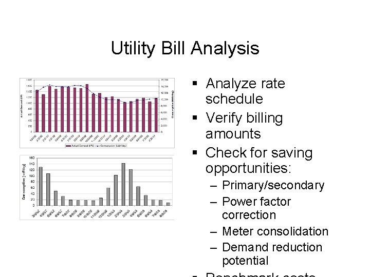 Utility Bill Analysis § Analyze rate schedule § Verify billing amounts § Check for