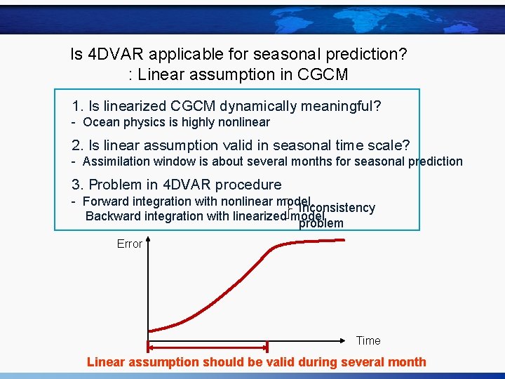 Is 4 DVAR applicable for seasonal prediction? : Linear assumption in CGCM 1. Is