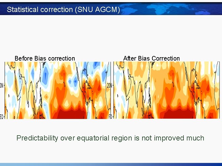 Statistical correction (SNU AGCM) Before Bias correction After Bias Correction Predictability over equatorial region