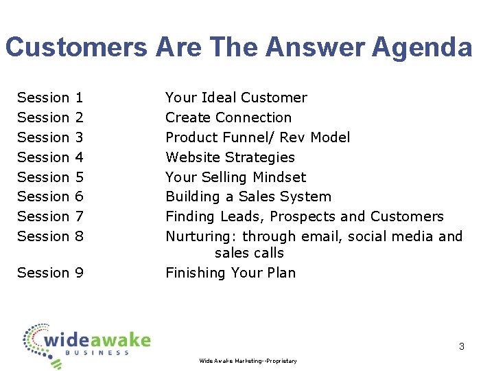 Customers Are The Answer Agenda Session Session 1 2 3 4 5 6 7