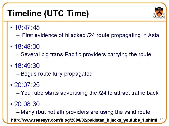 Timeline (UTC Time) • 18: 47: 45 – First evidence of hijacked /24 route