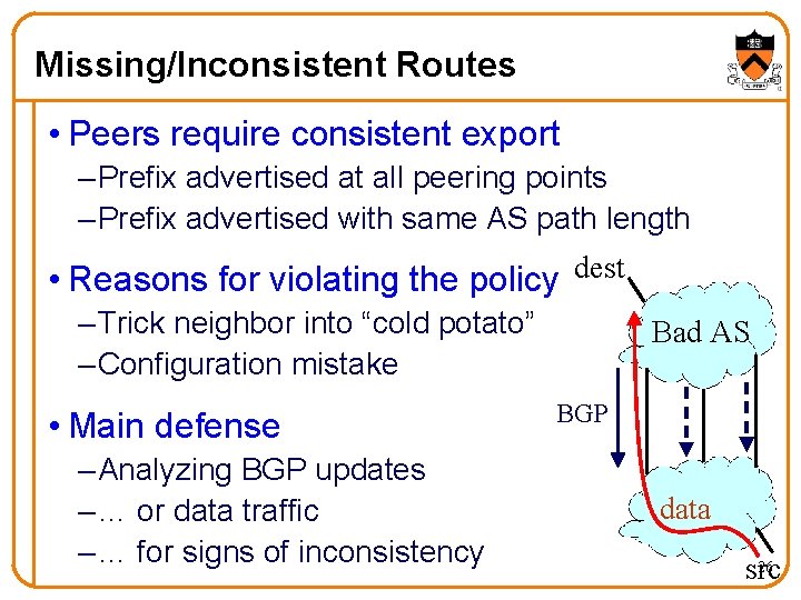 Missing/Inconsistent Routes • Peers require consistent export – Prefix advertised at all peering points