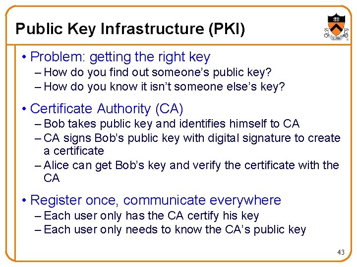 Public Key Infrastructure (PKI) • Problem: getting the right key – How do you